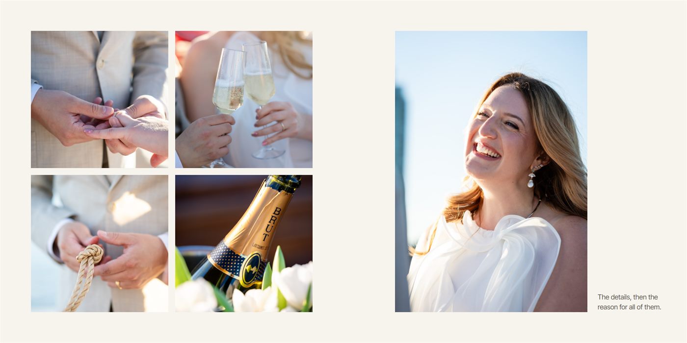 Album spread: four detail photos opposite the bride laughing
