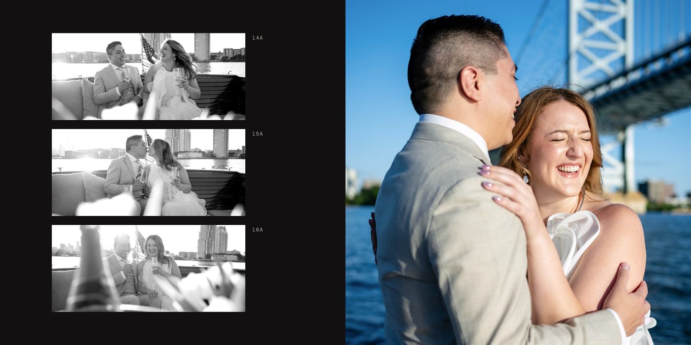 Album spread: a black-and-white film strip opposite a color portrait by the bridge