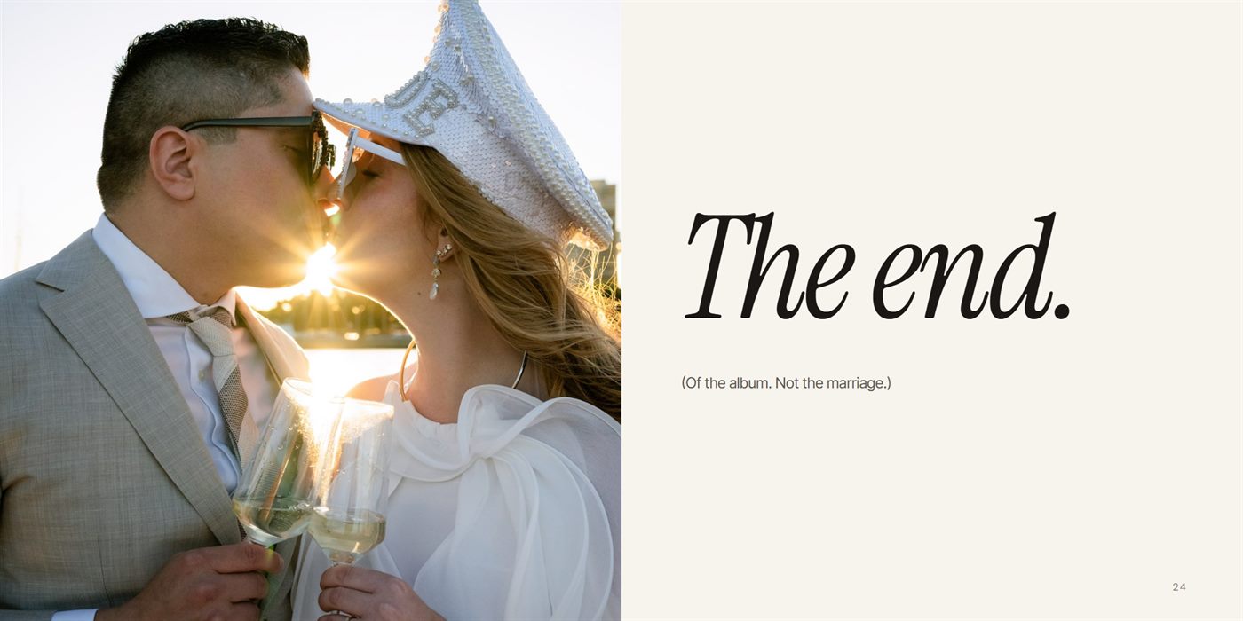 Album spread: a champagne kiss at sunset opposite 'The end.'